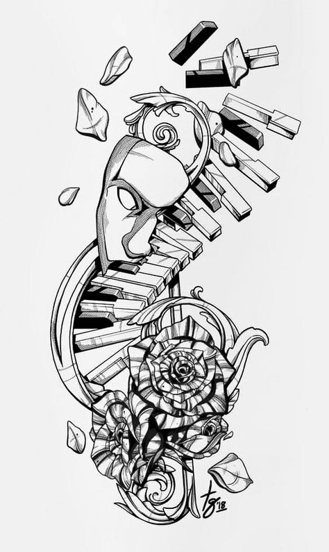 Music Drawings Ideas Creative, Music Inspired Drawings, Music Sketches Creative, Piano Tattoo Designs, Phantom Of The Opera Tattoo, Piano Tattoo, Travel Tattoo Ideas, Music Sketch, Animal Tattoo Ideas