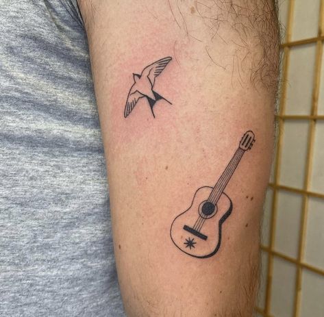 Guitar Tattoo Acoustic, Mini Guitar Tattoo, Guitar Small Tattoo, Cowboy Guitar Tattoo, Small Gutair Tattoos, Simple Guitar Tattoo, Tiny Guitar Tattoo, Small Guitar Tattoo, Guitar Pick Tattoo