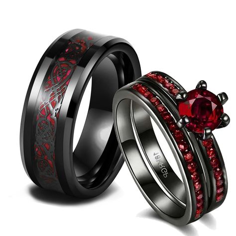 Fashion Couple Rings Romantic Red Rhinestones CZ Women Rings Set Trendy Men's Stainless Steel Celtic Dragon Ring Wedding Jewelry Womens Wedding Ring, Womens Wedding Ring Sets, Rings Womens, Rings Red, Cz Rings, Romantic Rings, Wedding Ring Sizes, Dragon Ring, 2 Rings