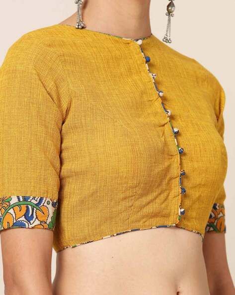 Mustard Yellow Blouse Designs, Yellow Blouse Design, Printed Blouse Design, Yellow Blouse Designs, Cotton Blouse Pattern, Mustard Yellow Blouse, Kalamkari Blouse, Cotton Saree Blouse Designs, Cotton Blouse Design