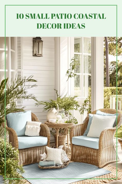 Explore 10 vibrant coastal decor ideas to enhance your small patio with beach-themed accents and delightful designs, all illustrated in one engaging image. Coastal Patio Decorating Ideas, Driftwood Centerpiece, Ocean Sunsets, Coastal Patio, Coastal Color Palette, Small Water Features, Seaside Living, Tabletop Fountain, Waterfall Features