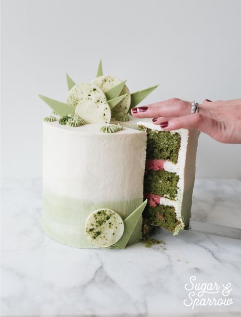 matcha cake filled with raspberry buttercream and topped with a vanilla-matcha ombre buttercream Matcha Cake Recipe, Cake Dekoration, Chocolate Covered Strawberry Cake, Unusual Wedding Cakes, Green Desserts, Chocolate Shapes, Matcha Cake, Peanut Butter Oreo, Raspberry Buttercream