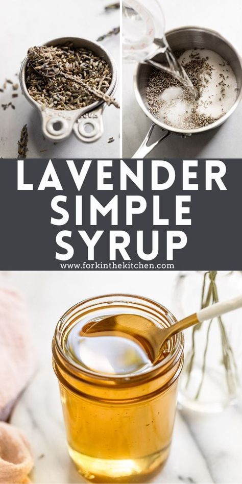 Making lavender simple syrup from scratch couldn't be easier with just 3 ingredients and 5 minutes! It's floral and sweet with a wonderful lavender taste and aroma. Learn how to make it at home with these easy steps, then infuse your favorite beverages like coffee, tea, cocktails, and more! Lavender Simple Syrup, Thyme Simple Syrup, Homemade Cough Syrup, Spruce Tips, Food Foraging, Rhubarb Syrup, Wild Food Foraging, Lavender Syrup, Simple Syrup Recipes