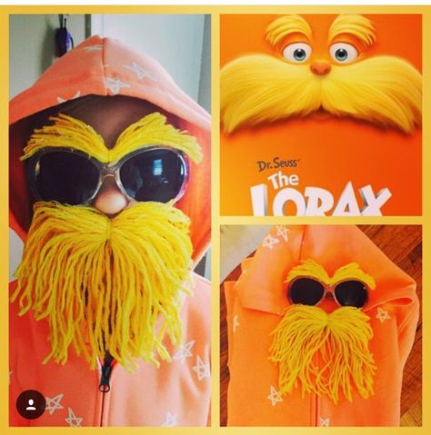 DIY Dr. Seuss Lorax costume. Super easy! I used 2 different shades of yellow yarn. Tie the middle together and hot glue to the sunglasses.  Save the Trees! Dr Seuss Dress Up Ideas, Dress Up Ideas For School, Dr Seuss Diy Costumes, Dr. Seuss Costumes, Story Book Costumes, Dr Seuss Lorax, Lorax Costume, Dr Seuss Costumes, Beta Club