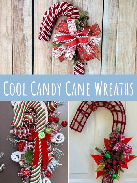 Christmas Candy Cane Wreaths, Natal, Candy Cane Christmas Wreaths Diy, Candy Cane Form Ideas, Candy Cane Diy Crafts, Candycane Deco Mesh Wreath Diy, Double Candy Cane Wreath, Mesh Candy Cane Wreath Tutorial, Dollar Tree Candy Cane Diy