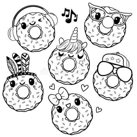 Donuts isolated on a white background. Set of Cute Cartoon Donuts isolated on a white background vector illustration Donut Coloring Page, Donut Printable, Donut Drawing, Deer Coloring Pages, Donut Art, Cute Donuts, Easy Coloring Pages, Coloring Pages For Girls, Cute Coloring Pages