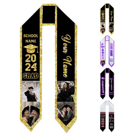 PRICES MAY VARY. Customize Your Stole: Customize your graduation stole with any photo, name, school name, or text. Choose from a variety of colors to match your accomplishments and school colors. Click "Customize" for a truly irreplaceable stole with printing on both the front and back. One Size Fits All: Made of premium polyester with interior stitching and a soft texture and smooth finish. Measuring approximately 72 x 6 inches, our sash is the right size for individuals. Our graduation stole i Custom Graduation Stole, Graduation Attire, Gold Sash, Graduation Sash, Graduation Party Themes, Graduation Stole, Great Graduation Gifts, Graduation Cap Designs, Graduation Year