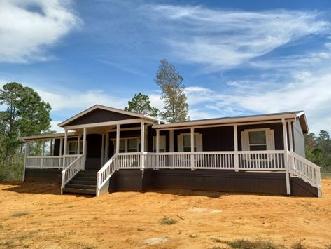 Porch For Manufactured Home, Front Porch Double Wide, Double Wide Mobile Home Porch Ideas, Long Porch Ideas, Porch On Double Wide, Double Wide Porch Ideas, Double Wide Porch, Double Wide Front Porch Ideas, Mobile Home Deck