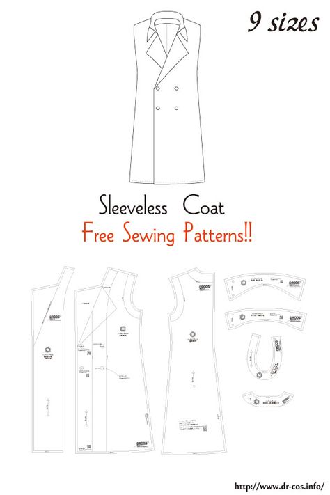 This is the pattern of a Sleeveless Coat. cm size(A4 size) Children's-100,120,140/Ladies'-S,M,L,LL/Men's-L,LL Patchwork, Long Vest Pattern, Trent Coat, Trench Coat Pattern, Sewing Coat, Japanese Sewing Patterns, Wrap Dress Pattern, Coat Pattern Sewing, Sleeveless Coat