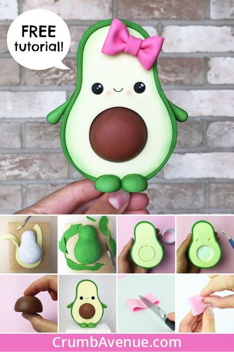 Cute Avocado Cake Topper - FREE TUTORIAL - fondant, gum paste, figurine, cake decorating, kawaii, clay, idea, inspiration, kids, fun, DIY, step by step, instructions