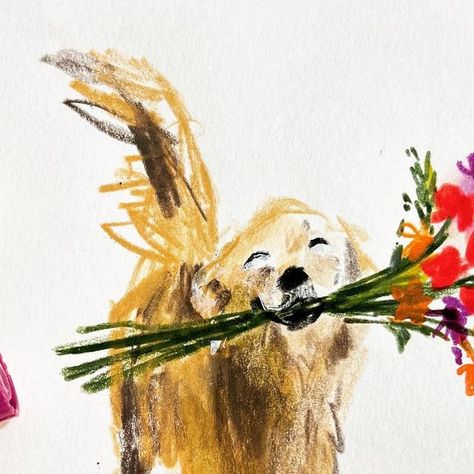 Jenny Bloomfield on Instagram: "Day 3419: dogs and flowers in my sketchbook #drawingaday #drawingadaychallenge #illustration #dailysketch #dogsofinstagram #dogsandflowers #sketchbook #drawingdogs #goldenretriever #dachshund #labradoodle" Drawings Of Random Things, Dog Flower Drawing, Art To Give As A Gift, Black Labradoodle Painting, Dogs Laying Down, Cute Dog Painting, Dog And Owner Drawing, Art Things To Do, Dog House Illustration