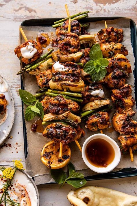 Lemon Chicken Skewers with Creamy Feta Sauce | halfbakedharvest.com Half Baked Harvest Party Food, Half Baked Harvest Chicken Skewers, Half Baked Harvest Dinner Recipes, Half Baked Harvest Dinner, Baked Skewers, Baked Chicken Skewers, Half Baked Harvest Chicken, Creamy Feta Sauce, Chicken Skewers Grilled