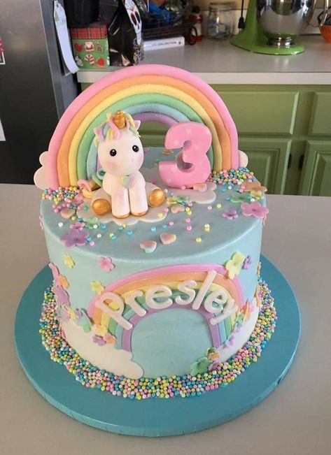 3rd Year Birthday Cake, Unicorn Cake Birthday Simple, Birthday Cake With Unicorn, Unicorn Inspired Cake, Rainbow Cake With Unicorn, Unicorn Cake For 3rd Birthday, Unicorn Cakes Birthday, Rainbow Unicorn 3rd Birthday, Small Unicorn Cake Birthday