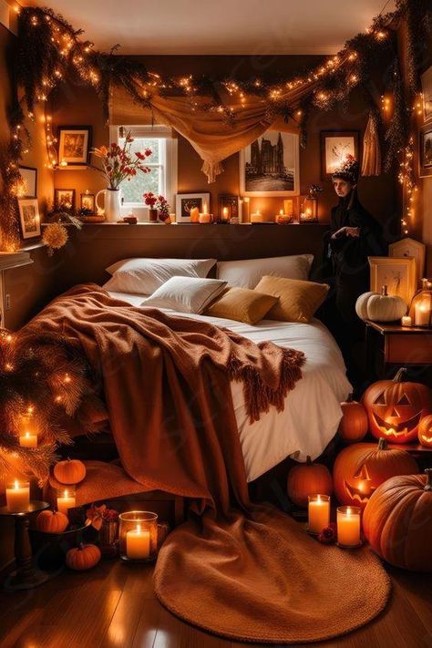 Discover design for cozy and stylish Halloween-themed bedroom. Get tips on choosing themes, colors, decorations, and adding personal touches. Spooky Bedroom Ideas, Cozy Fall Room Aesthetic, Halloween Room Ideas Bedrooms, Spooky Room Aesthetic, Autumn Apartment, Halloween Astethic, Halloween Themed Bedroom, Halloween Bedroom Aesthetic, Elegant Halloween Decor