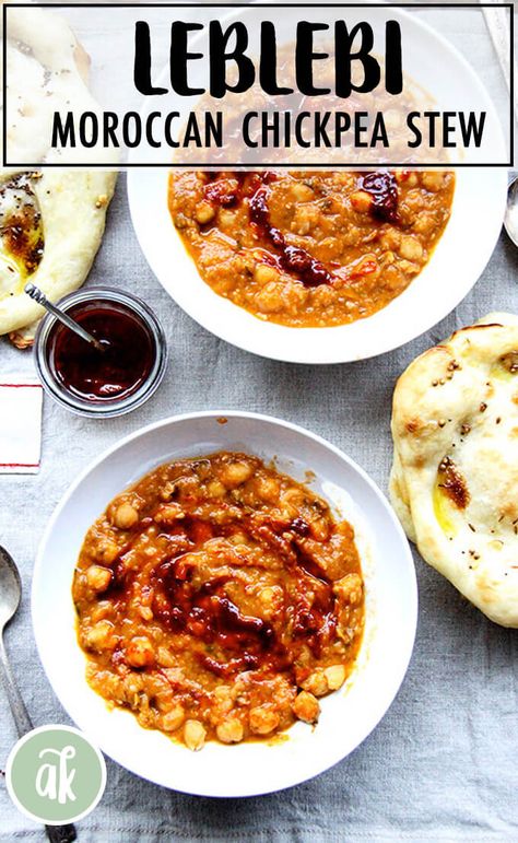 Leblebi! This North African chickpea stew is a great pantry meal. It calls for sautéing onions, garlic, cilantro, and spices, then adding canned, crushed tomatoes and water and simmering till done. A swirl of harissa adds a smoky, spicy kick that's so, so good. #chickpeas #moroccan #leblebi #stew #pantry #fall #winter #soup Canned Crushed Tomatoes, Moroccan Chickpea Soup, Winter Soup, Chickpea Soup, Chickpea Stew, Chickpea Recipes, Moroccan Food, Canned Chickpeas, Middle Eastern Recipes