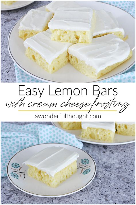 Easy Lemon Bars with Cream Cheese Frosting - A Wonderful Thought Lemon Bars With Icing, Frosted Lemon Bars, Lemon Bars With Cream Cheese Frosting, Banana Bars With Cream Cheese Frosting, Desserts With Cream Cheese Frosting, Leftover Cream Cheese Frosting, Lemon Bars With Cream Cheese, Lemon Cake Bars, Easy Lemon Bars