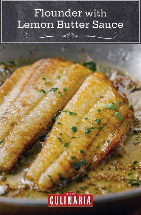 This tender, flaky flounder, made with lemon butter, is easy, healthy, elegant, and can be made in a single skillet. #fish #flounder #easyrecipe #weeknightwinner Best Flounder Recipe, Lemon Butter Flounder, Flounder Recipes Healthy, Broiled Haddock, Pan Fried Flounder, Fish Items, Flounder Fish Recipes, Fried Flounder, Flounder Recipes