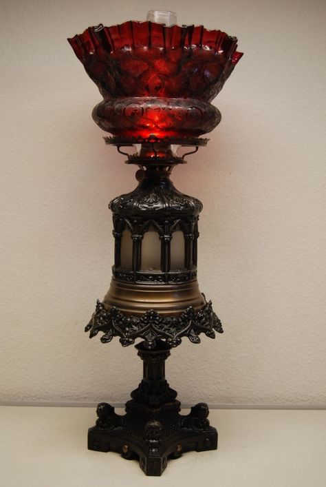 ANTIQUE IDEN GOTHIC Boston Sandwich Ruby Red Glass Shade Kerosene Oil Gwtw Lamp $4,999.00 - PicClick Glass Font, Shabby Chic Lamp Shades, Antique Lamp Shades, Wooden Lampshade, Chic Lamp, Victorian Lamps, Lampshade Makeover, Rustic Lamp Shades, Shabby Chic Lamps