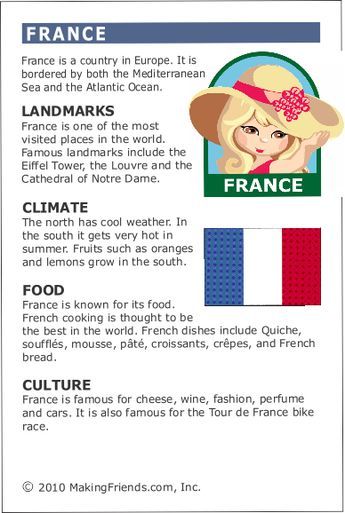 MakingFriends Facts about France Printable Thinking Day fact card for our passports. Perfect if you chose France for your Girl Scout Thinking Day or International Night celebration. France For Kids, Facts About France, Around The World Theme, About France, Geography For Kids, Country Studies, Homeschool Geography, Country Facts, World Thinking Day