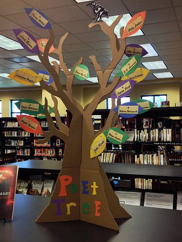 Poet Tree Display, Library Tree, School Library Decor, Library Girl, Library Bulletin Board, Children's Library, Tree Display, Elementary School Library, Book Tree