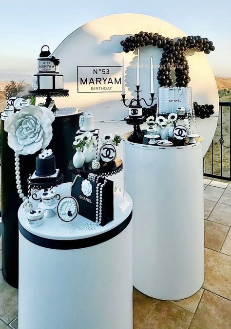 Chanel Themed Wedding, Coco Chanel 40th Birthday, Chanel Birthday Party Decoration Black White, Chanel Theme Sweet 16, Miss Dior Birthday Party, Chanel Themed Bridal Shower Ideas, Chanel 30th Birthday Ideas, Chanel Bachelorette Party, Fashion Birthday Party Ideas For Women