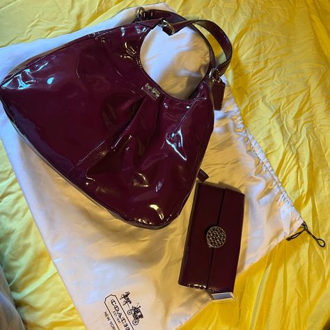 Brand New, Never Used Coach Purse And Matching Wallet. Paid Over $700 For The Set. It’s More Of A Dark Red/Burgundy Color Than The Pictures Show. Patent Leather. Purse Still Has Stuffing In It And Wallet Still Has Original Tags. Comes With Coach Dust Bag. Coach Burgundy Bag, Dark Red Purse, Burgundy Purse, Dream Bag, Red Leather Purse, Red Leather Bag, Red Purse, Red Purses, Pretty Bags