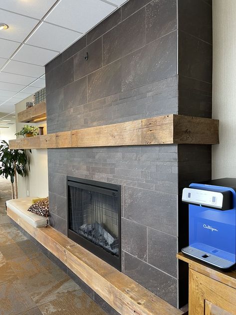 Wood Tile Fireplace Wall, Floating Hearth Fireplace Ideas, Modern Hearth Fireplace, Concrete Fireplace With Wood Mantle, Fireplace Mantle Modern, Tiled Fireplace Wall Modern, Modern Wood Burning Fireplace, Modern Rustic Fireplace, Bathroom Curtains Ideas