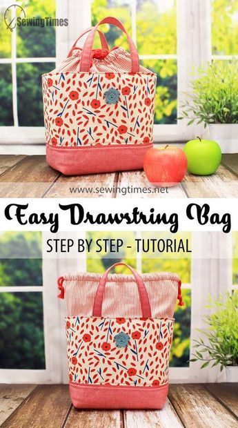 Lunch Bag Gift Ideas, Sewing A Lunch Bag, Drawstring Handbag Pattern, Quilted Drawstring Bag Tutorial, Fabric Bags Diy Simple, Bag For Knitting Projects, Drawstring Project Bag, Lunch Bag Diy Pattern, How To Sew A Lunch Bag