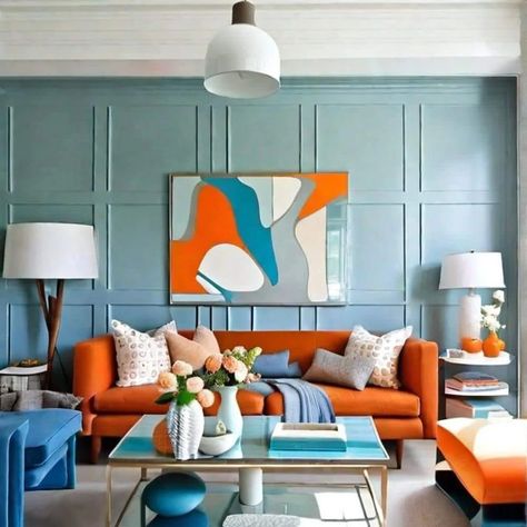 Blue Teal Color Palette Living Room, Tangerine And Blue Living Room, Orange Color Combinations Living Rooms, Bold Coloured Living Room, Teal Blue Interior Design, Blue Orange Interior Design, Blue And Yellow Living Room Color Scheme, Turquoise And Orange Living Room, Accent Wall Orange