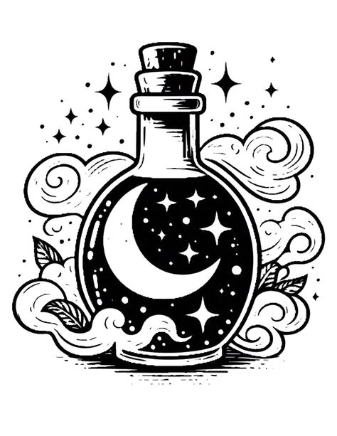 Potion Jar Drawing, Potion Making Drawing, Witchy Drawing Ideas, Drawing Of Potion Bottles, Poison Bottle Drawing, Potion Drawing Bottle, Potion Doodle, Potion Painting, Magic Potion Bottles Drawing