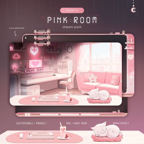 Pink Room | Day & Night Mode | Animated Stream Overlay Pack *This is a digital download* AI was used as part of the process of creating only the scene in this pack.  This pack includes: - 1x Day mode scene - 1x Night mode scene - 4x Scene text (Starting Soon, Back Soon, Ending Soon & Offline) - 6x Movable desk setup elements (table, deskmat, keyboard, mouse, strawberry milk, cat) - 8x other elements (plant pot, books, charm, static digital clock text) - 1x Day mode overlay v1 - 1x Night mode ove Movable Desk, Elements Table, Milk Cat, Element Table, Twitch Streaming Setup, Streaming Setup, Stream Overlay, Cute Laptop Wallpaper, Night Mode