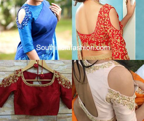 EMBROIDERED-SHOULDER-CUT-OUT-COLD-SHOULDER-BLOUSE-DESIGNS Cold Shoulder Blouse Indian, Cold Shoulder Saree Blouse, Blouse Ke Design, Cold Shoulder Blouse Designs, Garara Dress, Blouse Designes, Sari Blouses, Kalamkari Blouse, Boat Neck Blouse Design