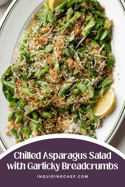 Chilled Asparagus Salad with Garlicky Breadcrumbs Cold Asparagus Recipes, Asparagus Salad Recipes Cold, Chilled Asparagus Recipes, Fresh Asparagus Salad, Asparagus Salad Recipes, Asparagus Arugula Salad, Warm Asparagus Salad, Asparagus Salad With Lemon Vinaigrette, Raw Asparagus Salad