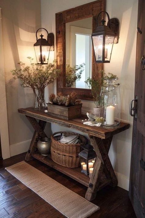 Functional Entryway, Rustic Entryway Table, Rustic Entryway, Entryway Table Decor, Casa Country, Entryway Ideas, Home Entrance Decor, Rustic Garden Decor, Clever Storage