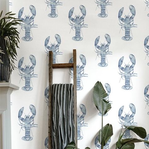 Harborside | Nautical Blue Lobster Wallpaper Wallpaper Bathroom Beach House, Fun Wallpaper For Kids Bathroom, Lobster Wallpaper Bathroom, Fun Wallpaper For Bathroom, Nautical Peel And Stick Wallpaper, Peel And Stick Coastal Wallpaper, Nautical Wallpaper Bathroom, Blue Seashell Wallpaper, Lobster Nursery