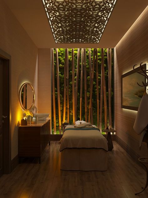 Luxury Home Wellness Room, Luxury Spa Room Design, Zen Salon Interior Design, Spa Ceiling Ideas, Massage Room Ceiling Ideas, Zen Massage Room, Zen Esthetician Room, Aesthetic Spa Room, Spa Massage Room Design