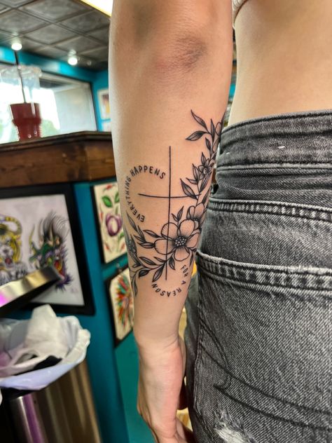 Biblical Floral Tattoos, Tattoo Ideas For Upper Arm Women, Quarter Sleeve Tattoos For Women Christian, Womens Upper Sleeve Tattoo, Flower Of Hope Tattoo, Wildflower Bible Verse Tattoo, Underside Forearm Tattoo, Ywhw Lungs Tattoo, Red Clay Strays Tattoo