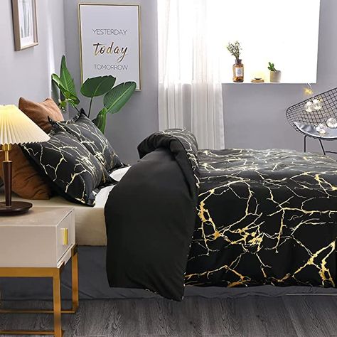 Amazon.com: Holawakaka Black Gold Metallic Marble Duvet Cover Set Queen Size Foil Print Glitter Bedding Set (Black Queen, No Comforter) : Home & Kitchen Black White Gold Bedding Comforter Sets, Marble Bedroom Ideas, Minimalist Sofa Bed, Diy Modern Bed, White And Gold Bedding, Simple Bed Design, Bedding Set Black, Bedroom Vision Board, Marble Bedroom