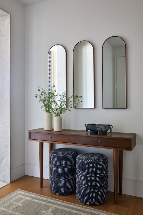 Home design, entryway design, blue design for home, foyer design, mirror trio Foyer Mirror, Brown Sofa Living Room, Entryway Design, Apartment Entryway, Japanese Style House, Terrazzo Floors, Luxe Decor, Unique Furniture Design, Fall Entryway