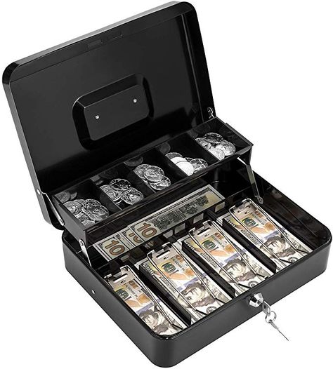 Amazon.com: Cash Box with Lock Key and Money Tray Large Metal Money Safe for Cash 11.8" x 9.4" x 3.54" Black: Office Products Money Safe Box, Cash Safe, Cash Organizer, Box With Lock, Money Safe, Cash Boxes, Cash Box, Savings Box, Safe Lock