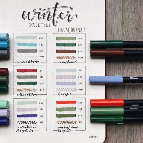 Begüm’s Bullet Journal ✨ on Instagram: “My favorite winter color combinations ✨ Which one is your favorite? . Swipe to see the unedited version ✨ . . . .  #bujo #bulletjournal…” Winter Color Combinations, Tombow Pens, Tombow Brush Pen, Tombow Markers, Tombow Dual Brush Pen, Bullet Journal Tracker, Tombow Dual Brush, Bujo Inspiration, Bullet Journal Inspo