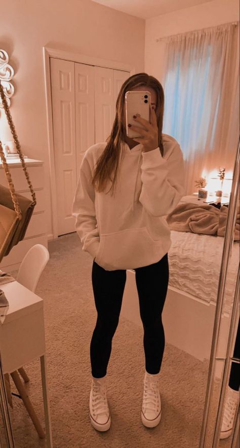 Outfit Ideas White Converse, Outfit With White Hoodie, Outfit Ideas Black Converse, White Girl Aesthetic Outfits Basic, High School Outfit Girl, White Platform Converse Outfit Leggings, Leggings And Converse Outfit High Tops, Styling Brown Leggings, Off White Hoodie Outfit