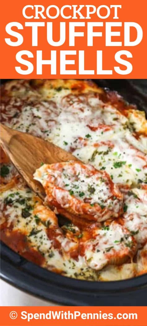 Crockpot stuffed shells are the perfect make-ahead dish! No-boil noodles are filled with a cheese and spinach mixture, topped with pasta sauce, and baked until tender and melted. This dish even freezes and reheats well for the perfect leftovers! #spendwithpennies #crockpotstuffedshells #stuffedpastashells #pasta #crockpot #slowcooker #maindish Crockpot Stuffed Shells, Lazy Crock Pot Lasagna, Stuffed Shells With Spinach, Pasta Crockpot, Spinach Stuffed Shells, Crockpot Pasta, Spinach Cheese, Hearty Comfort Food, Stuffed Shells Recipe