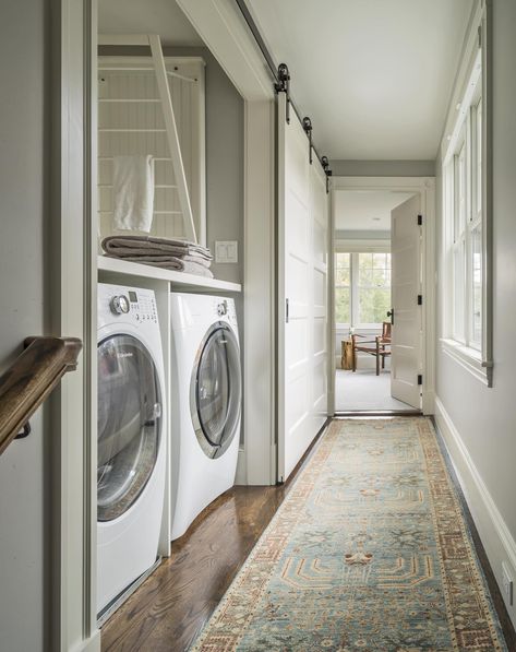 Family Farmhouse - Farmhouse - Laundry Room - Boston - by Adams + Beasley Associates | Houzz Hidden Laundry, Rustic Home Offices, Drying Room, Hallway Closet, Laundry Room Doors, Barn Style Doors, Farmhouse Laundry, Laundry Design, Farmhouse Laundry Room