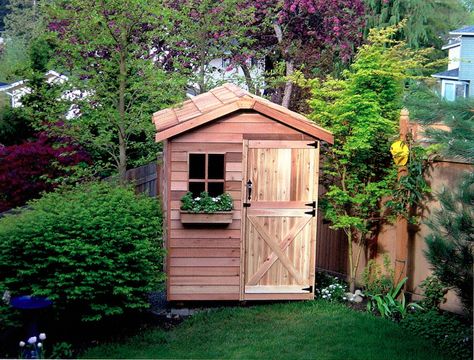 Cedarshed Gardener Shed with window box and Dutch door - Brian A. of Kirkland, Wa.  cedarshed.com Backyard Storage Buildings, Garden Shed Kits, Wood Storage Shed, Gable Wall, Small Garden Shed, Wooden Storage Sheds, Cedar Shingle Roof, Cedar Roof, Shed Sizes