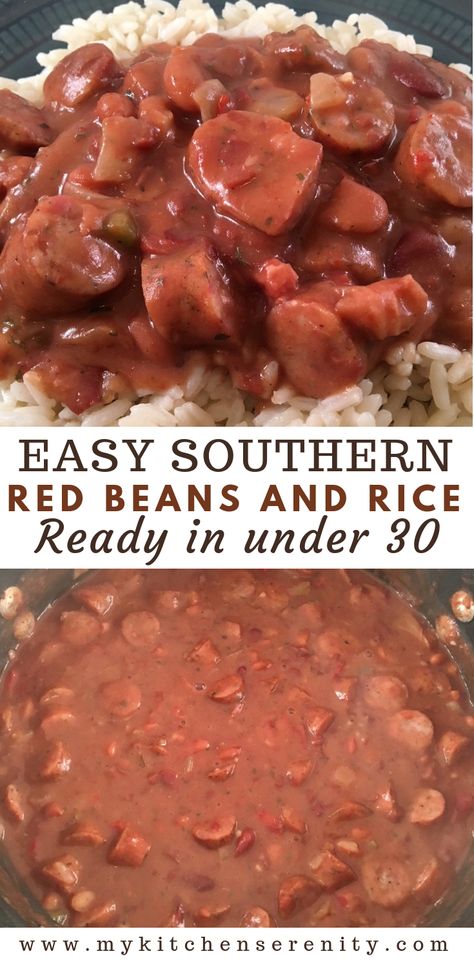 Southern style red beans and rice with sausage ready in under 30 minutes #redbeansandrice #easydinnerrecipes Creole Red Beans, Easy Red Beans And Rice Recipe, Red Beans And Rice Recipe Crockpot, Easy Red Beans And Rice, Red Beans And Rice Recipe Easy, Rice With Sausage, Red Bean And Rice Recipe, Red Beans Recipe, Red Beans And Rice Recipe