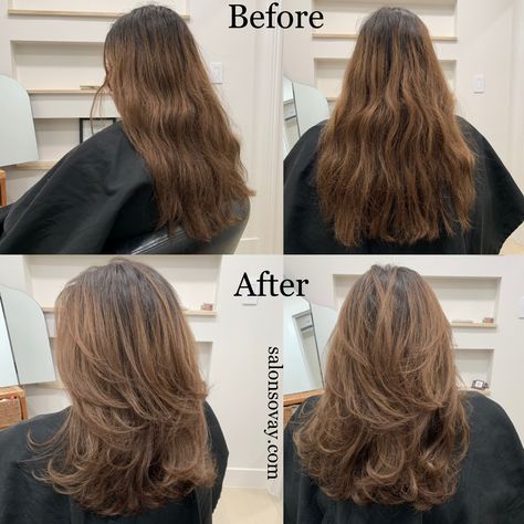 Salon Sovay layers Layer Haircut For Volume, Curled Layers Medium, Layer U Cut, Shaping Layers Hair, Lots Of Layers Face Framing, Long Layer Vs Short Layers, Different Type Of Layers For Hair, Haircuts For Body And Volume, Soft Layers Around Face