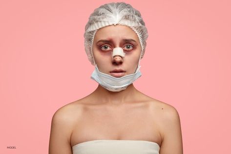 Women's face wrapped in bandages after plastic surgery. Pixie Ears, Bad Plastic Surgeries, Facial Procedure, Plastic Surgery Gone Wrong, Botox Cosmetic, Face Wrap, Celebrity Plastic Surgery, Upper Eyelid, Facial Plastic