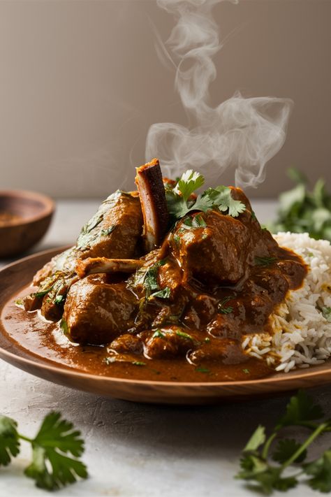 Steaming plate of lamb curry garnished with cilantro, served with rice. Best Indian Food Recipes Veg, Mutton Rogan Josh Photography, Rogan Josh Recipe Lamb, Lamb Rogan Josh Recipe, Indian Traditional Food, Indian Veg Food, Mutton Rogan Josh, Rogan Josh Recipe, Best Crepe Recipe