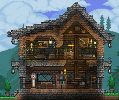 Terraria Clothier House, Simple Terraria Builds, Terraria Tavern Build, Terraria Relic Build, Terraria Beginner House, Terraria Starter House Ideas, Terraria Mountain House, Terraria Roof Design, Cute Terraria Builds